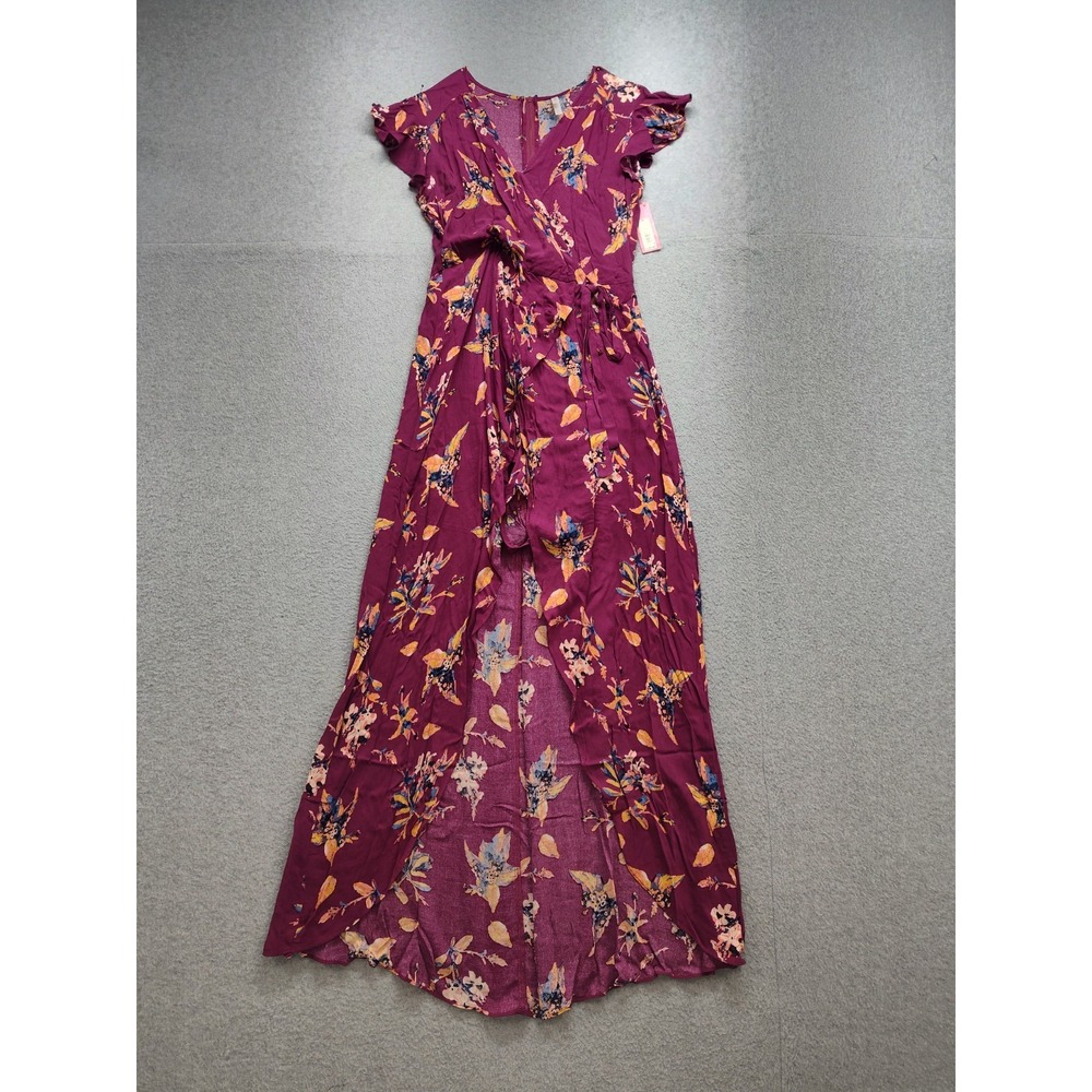Xhilaration Women Maxi Dresses M Burgundy Floral Zip Wrap Flutter Sleeve Casual